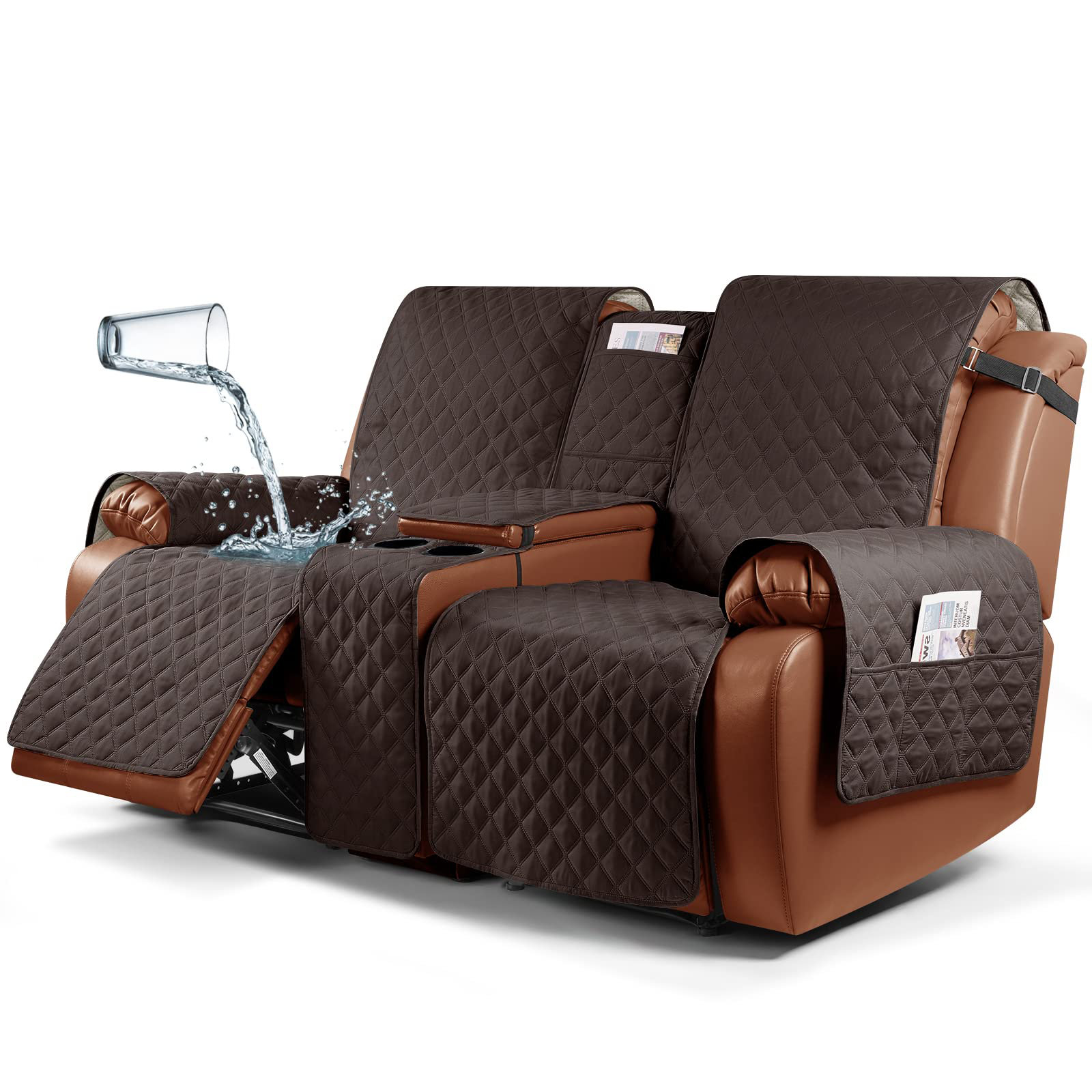 FAST APPLIANCES LLC Waterproof Recliner Loveseat Cover With Console Non Slip Couch Covers For Reclining Couches Pet Cover For Double Recliner Sofa Cover With Elastic Straps For Kid Dogs Pets Chocolate...